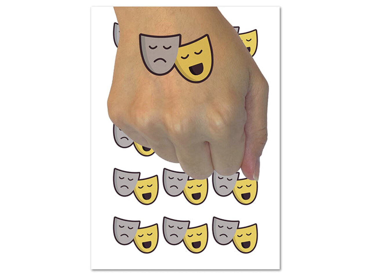 Acting Comedy Drama Masks Theater Carnival Temporary Tattoo Water Resistant Fake Body Art Set Collection (1 Sheet)